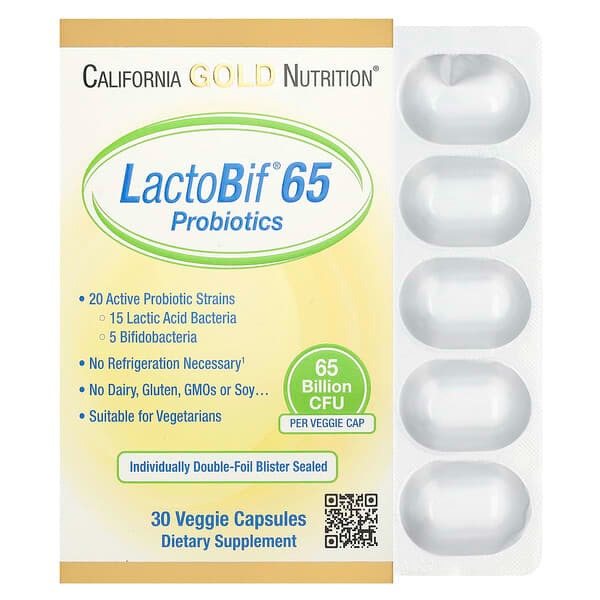 California Gold Nutrition, LactoBif 65, пробіотики, 65 млрд КУО, 30 вегетаріанських капсул