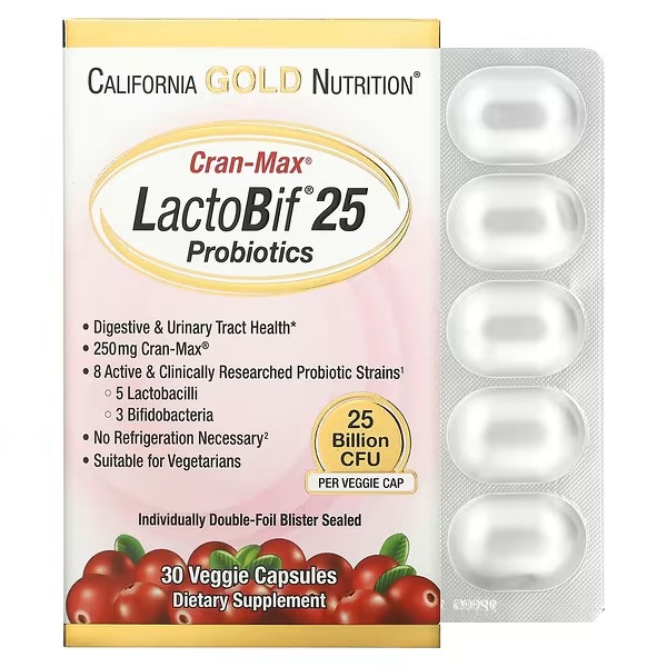 California Gold Nutrition, LactoBif, Cran-Max, пробіотики, 25 млрд КУО, 30 рослинних капсул